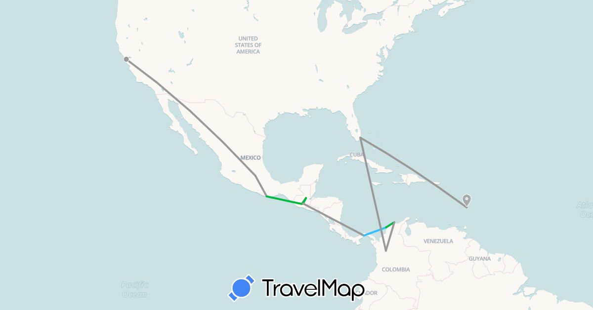 TravelMap itinerary: driving, bus, plane, boat in Colombia, Guatemala, Saint Lucia, Mexico, Panama, United States (North America, South America)