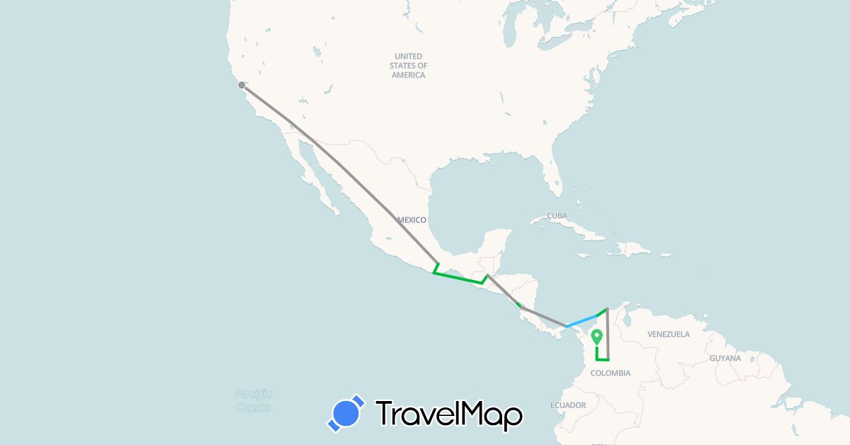 TravelMap itinerary: driving, bus, plane, boat in Colombia, Guatemala, Mexico, Nicaragua, Panama, United States (North America, South America)